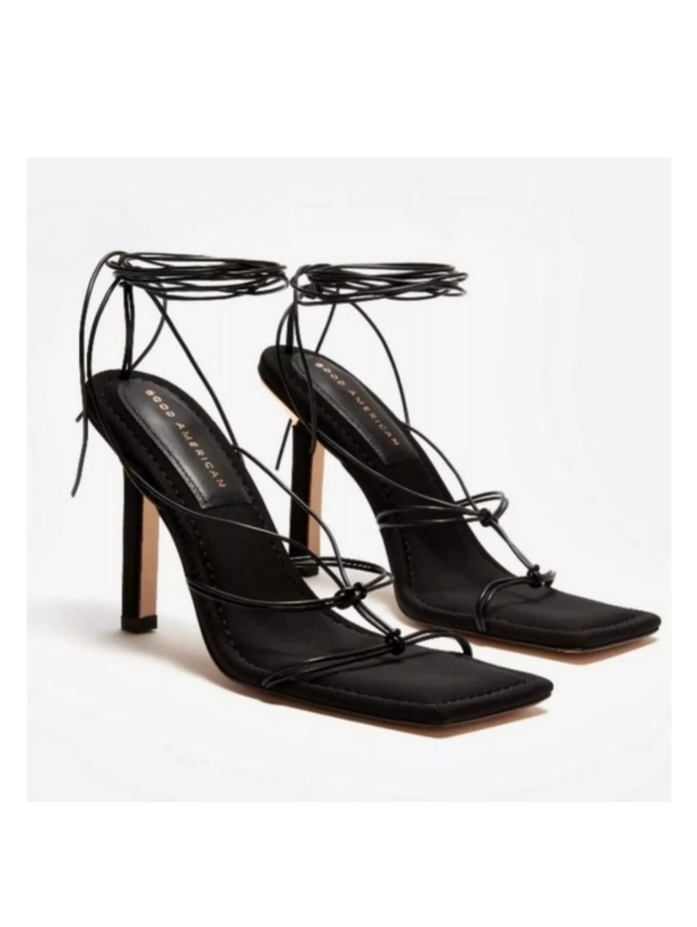 NWT Good American‎ Cage Slanted Sandals Neoprene Black Lace Up Heel Size 5
